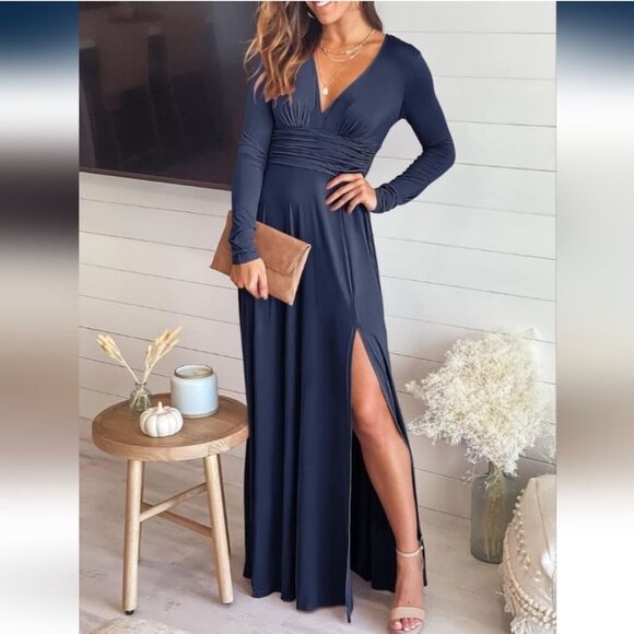 ANRABESS Women's Deep V Neck long Sleeve Maxi Dress | Pleated High Waist Slit - Picture 1 of 5